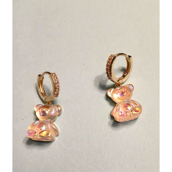 Gold Crystal Iridescent Gummy Bear Lever Back Earrings - Picture 7 of 7